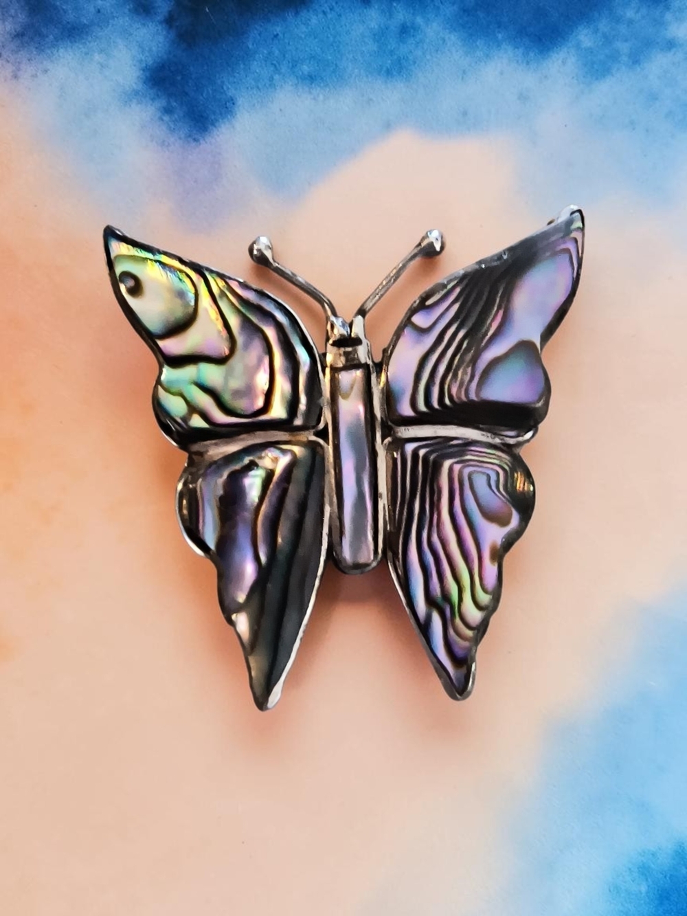 Vintage Taxco Sterling Silver Signed Eagle 112 Iridescent Abalone Butterfly Pin